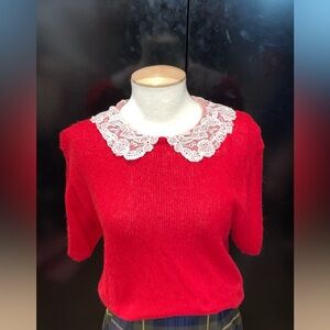 Vintage red knitted short sleeve sweater with lace Peter Pan collar